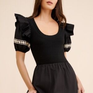 NEW‎ Cleobella Selma Midi Dress Puff Slv Embroider Ruffle Boho Glam Chic Resort